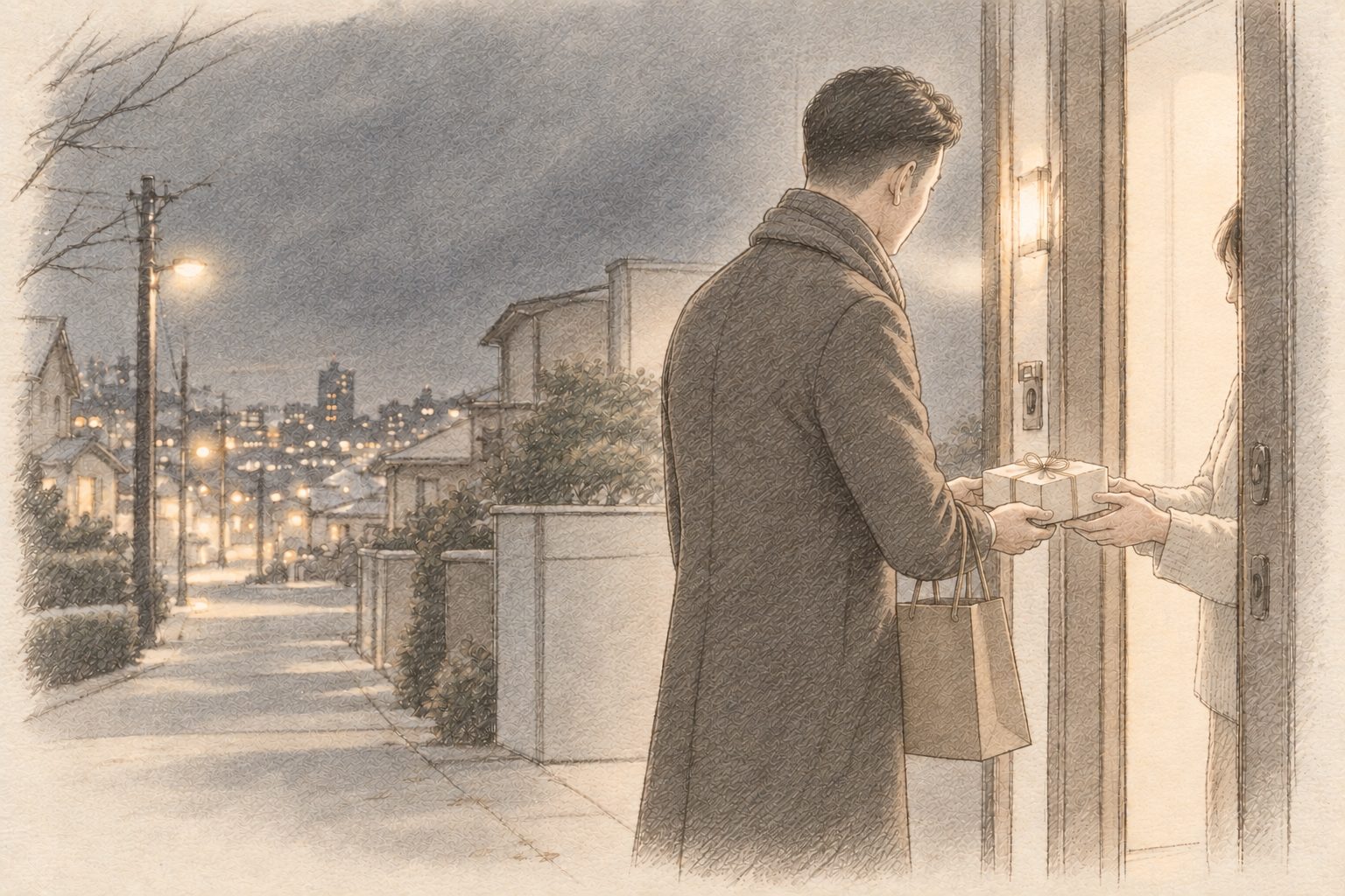 年の瀬の夜、玄関先で贈り物を手渡す男性のスケッチ