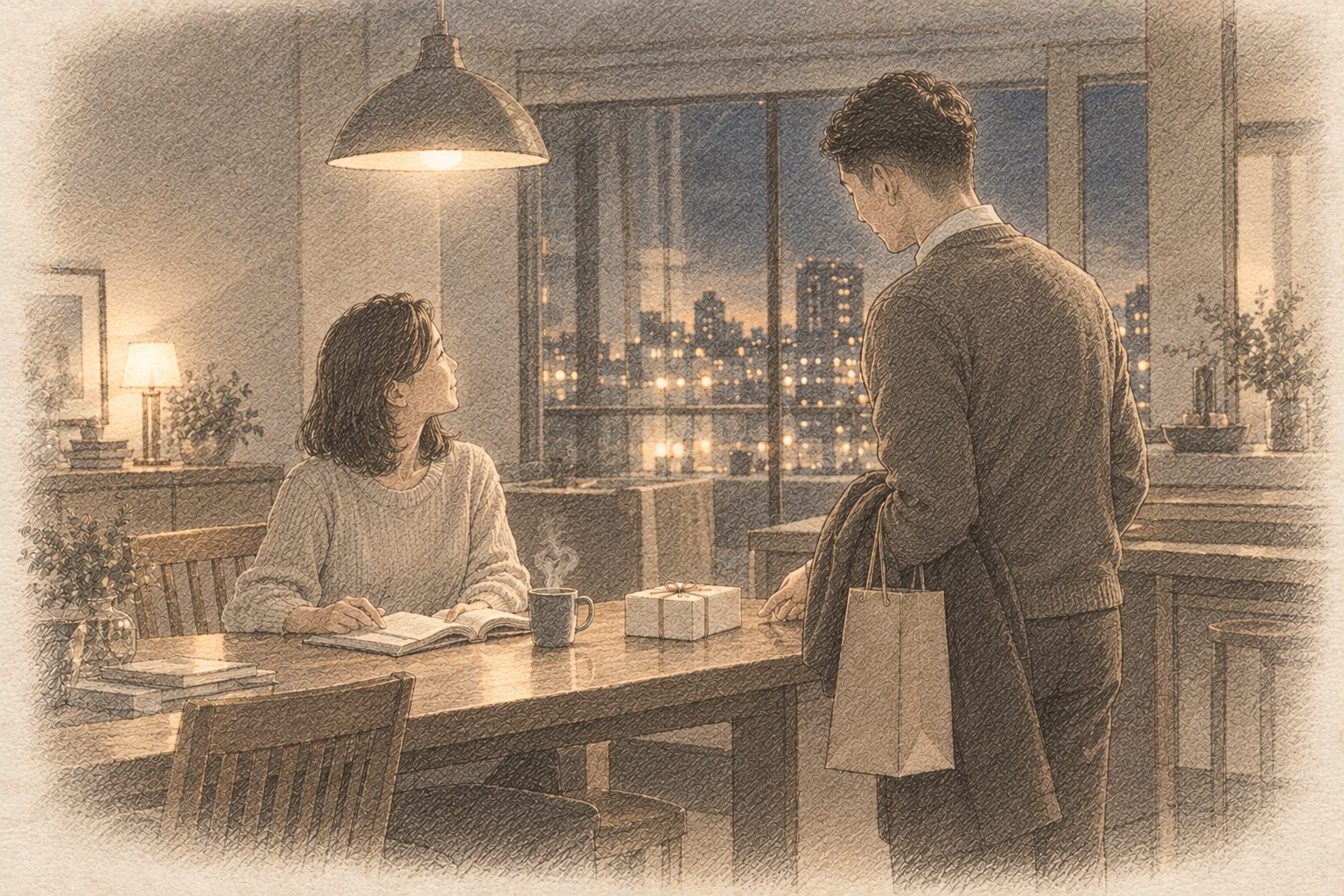 年末の夜、自宅のダイニングでパートナーの前に贈り物をそっと置く男性のスケッチ