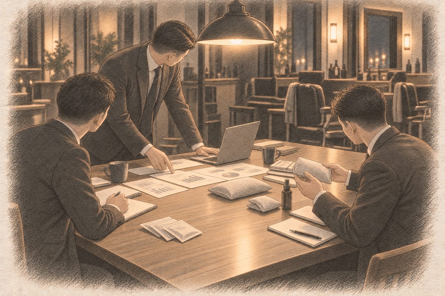 営業後の理容室で、スーツ姿のスタッフ3人が資料と温熱ピローを広げて話し合っているスケッチ
